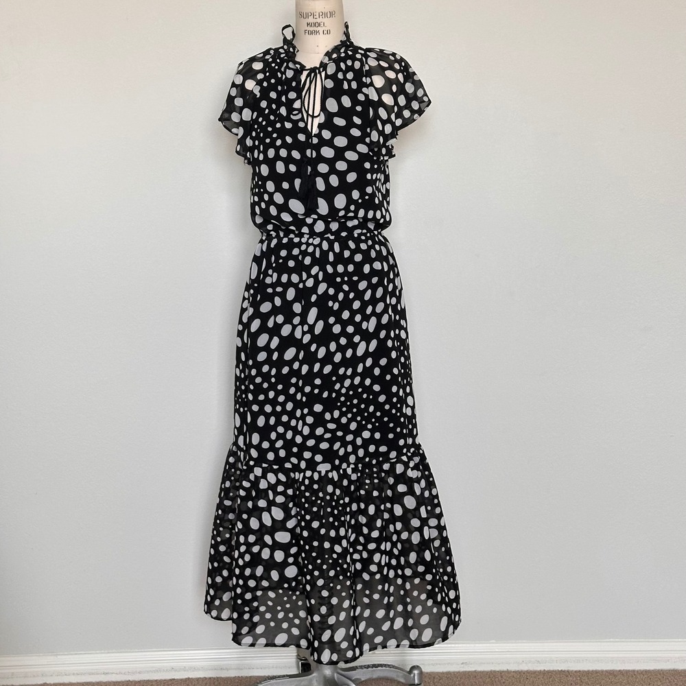 Who What Wear Polka Dot Midi Dress Black White Ruffle Neck Tassel Small